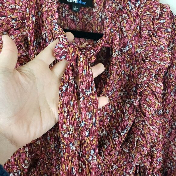 Women's Alice Blue Ruffle Floral Pop Over Front Tie Business casual Red Shirt - Picture 13 of 13